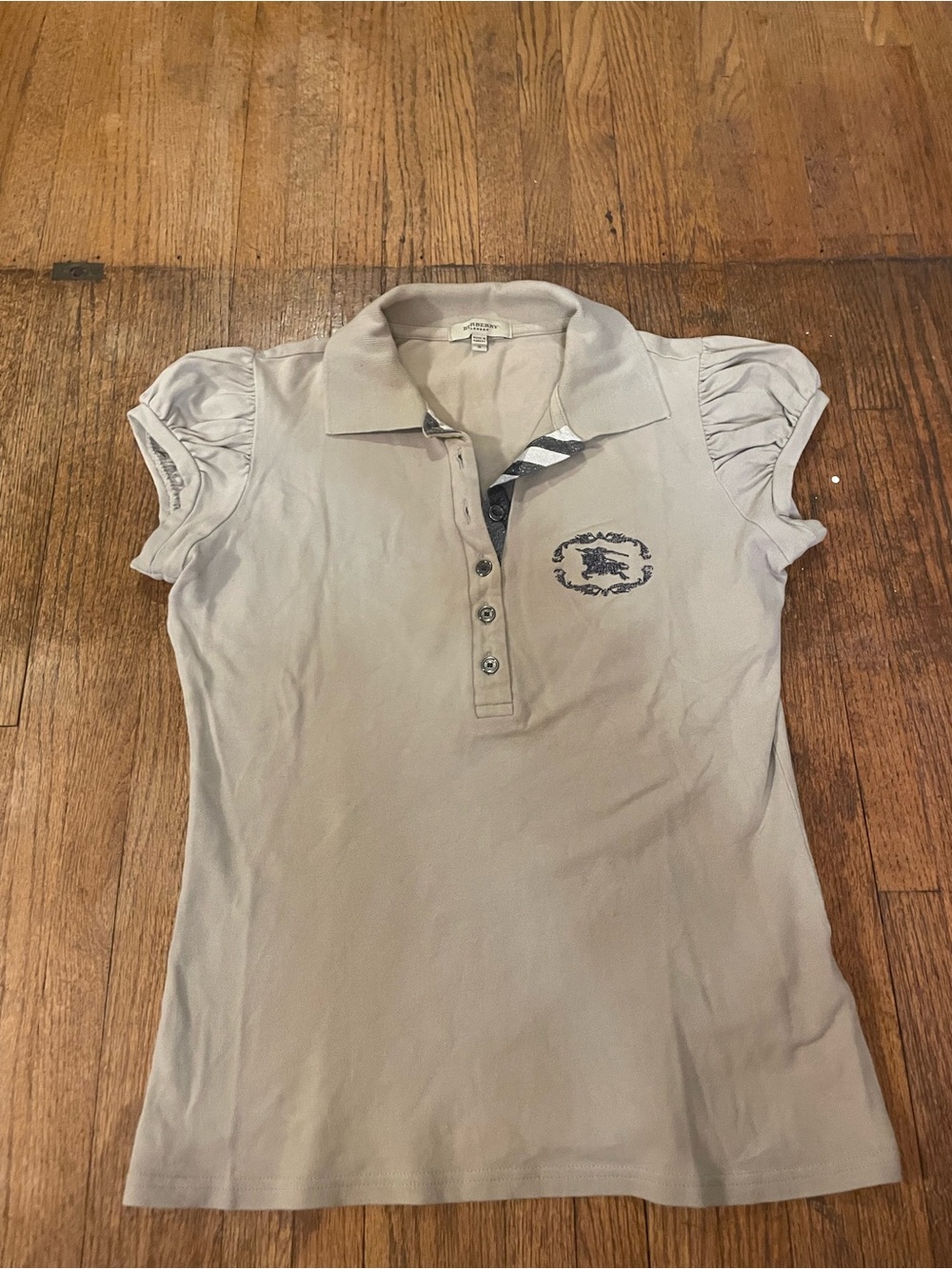 Burberry Tan Puff-Sleeve Polo with Embroidered Metallic Logo